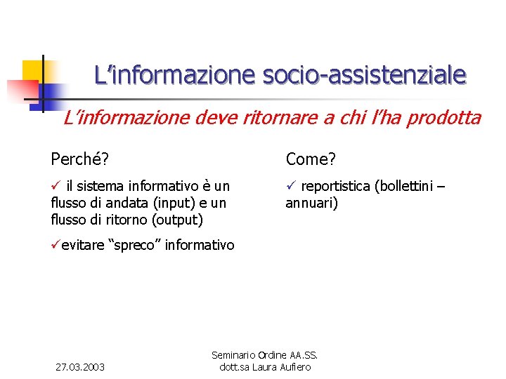 L’informazione socio-assistenziale L’informazione deve ritornare a chi l’ha prodotta Perché? Come? ü il sistema