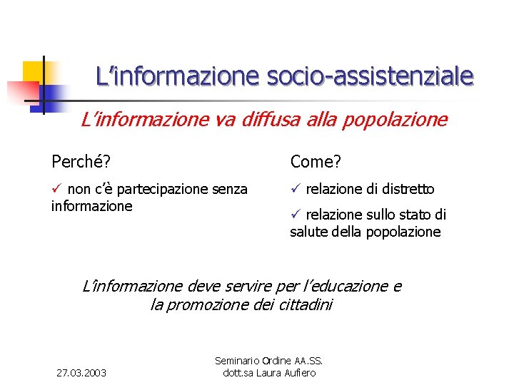 L’informazione socio-assistenziale L’informazione va diffusa alla popolazione Perché? Come? ü non c’è partecipazione senza