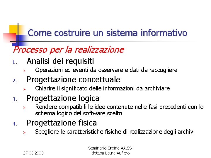 Come costruire un sistema informativo Processo per la realizzazione Analisi dei requisiti 1. Ø