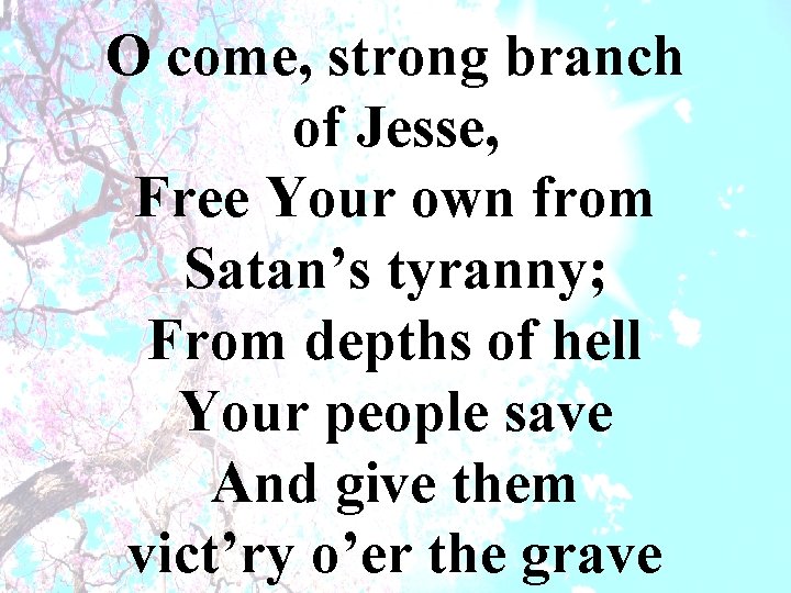 O come, strong branch of Jesse, Free Your own from Satan’s tyranny; From depths