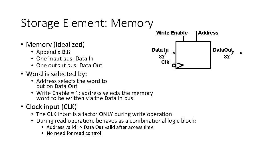 Storage Element: Memory • Memory (idealized) • Appendix B. 8 • One input bus: