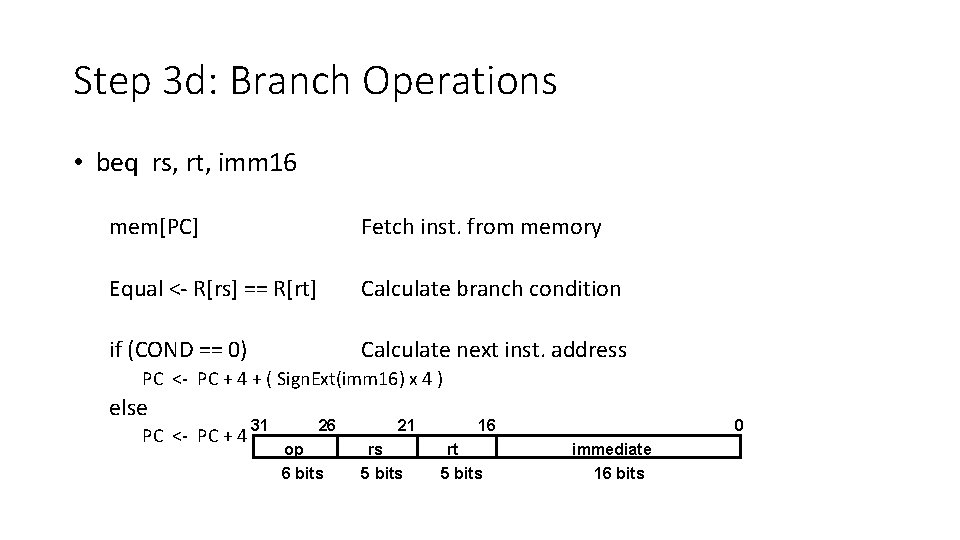 Step 3 d: Branch Operations • beq rs, rt, imm 16 mem[PC] Fetch inst.