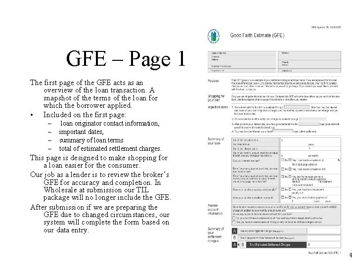 GFE – Page 1 The first page of the GFE acts as an overview