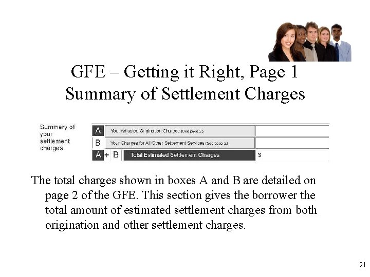 GFE – Getting it Right, Page 1 Summary of Settlement Charges The total charges