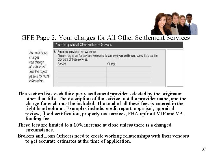 GFE Page 2, Your charges for All Other Settlement Services This section lists each