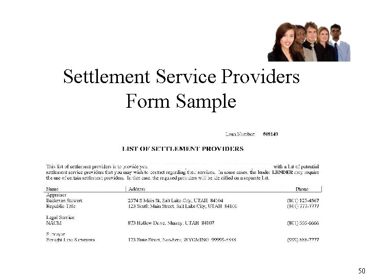 Settlement Service Providers Form Sample 50 