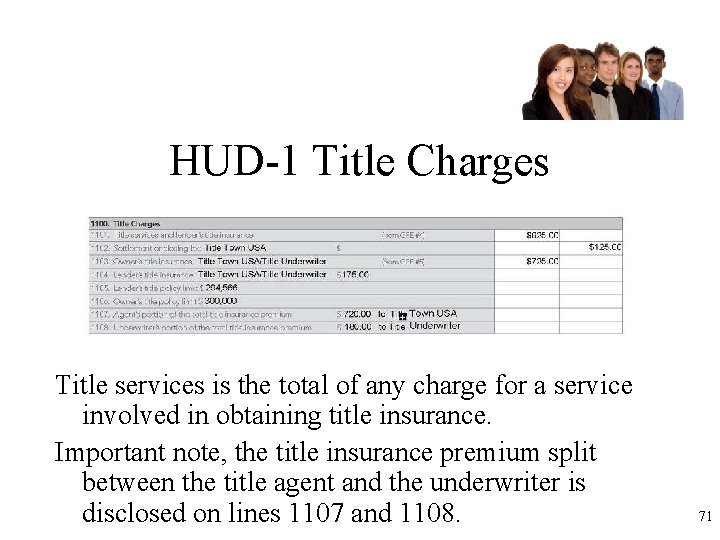 HUD-1 Title Charges Title services is the total of any charge for a service