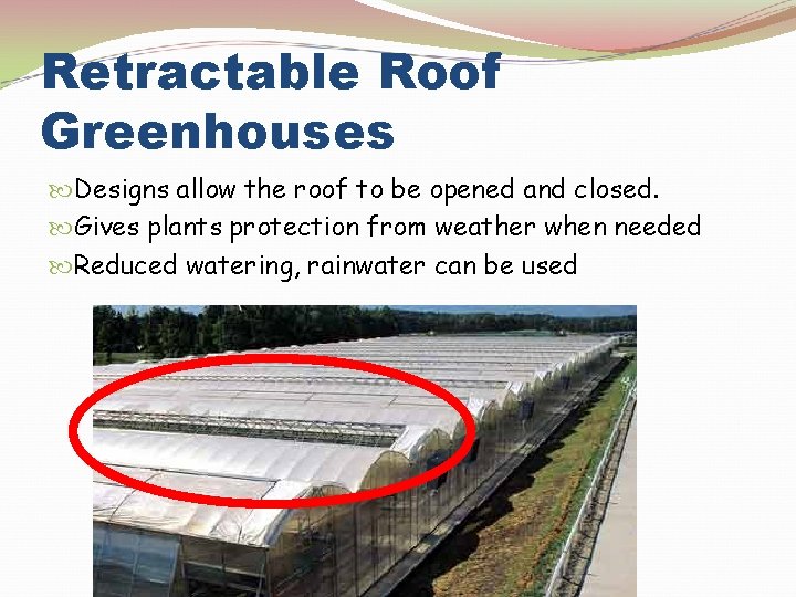 Retractable Roof Greenhouses Designs allow the roof to be opened and closed. Gives plants