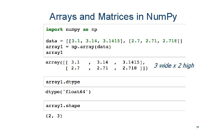 Arrays and Matrices in Num. Py 3 wide x 2 high 39 