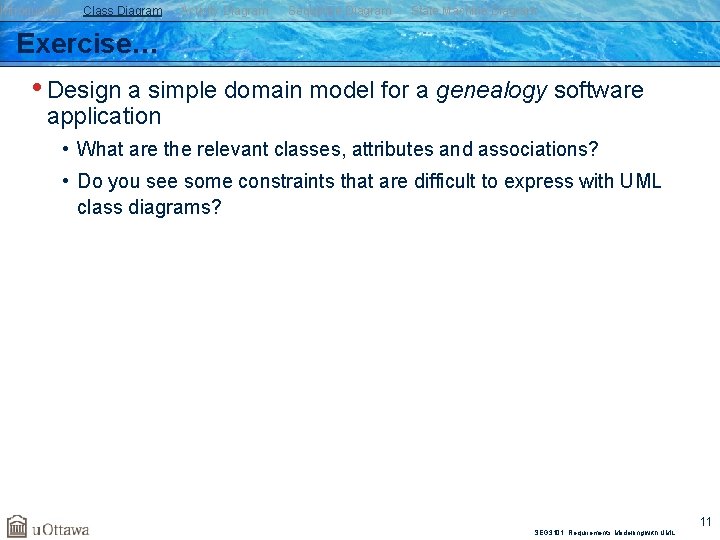 Introduction Class Diagram Activity Diagram Sequence Diagram State Machine Diagram Exercise… • Design a
