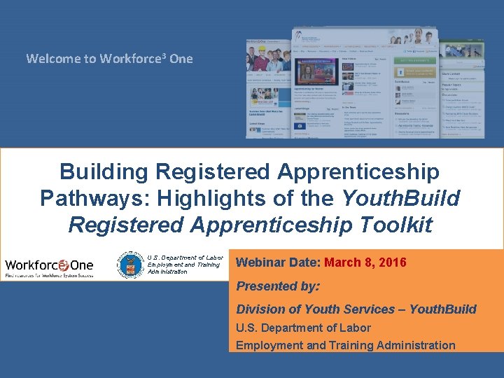 Welcome to Workforce 3 One Building Registered Apprenticeship Pathways: Highlights of the Youth. Build
