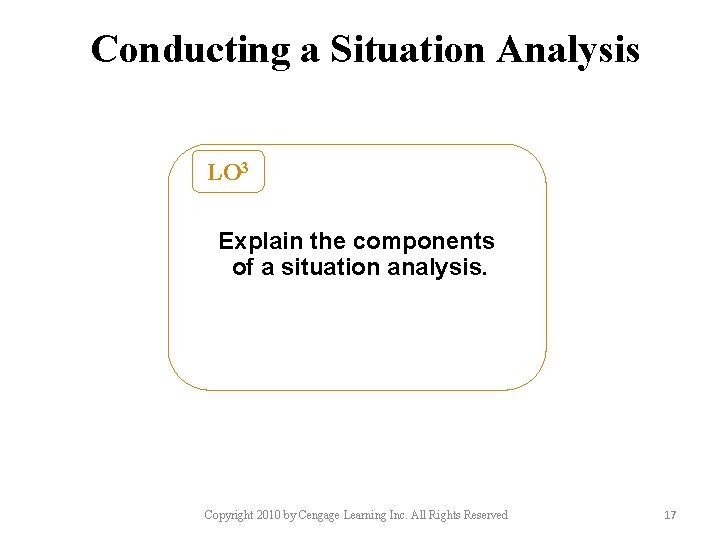 Conducting a Situation Analysis LO 3 Explain the components of a situation analysis. Copyright