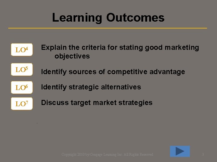 Learning Outcomes LO 4 Explain the criteria for stating good marketing objectives LO 5