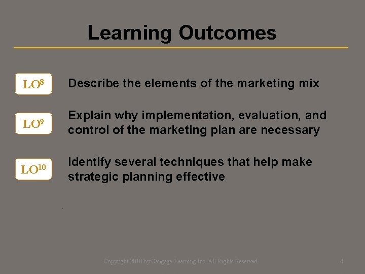 Learning Outcomes LO 8 Describe the elements of the marketing mix LO 9 Explain