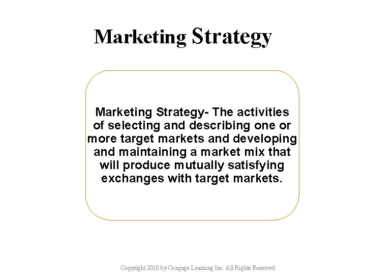 Marketing Strategy- The activities of selecting and describing one or more target markets and