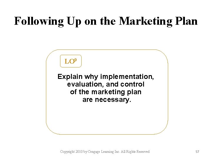 Following Up on the Marketing Plan LO 9 Explain why implementation, evaluation, and control