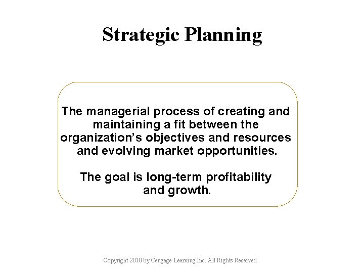 Strategic Planning The managerial process of creating and maintaining a fit between the organization’s