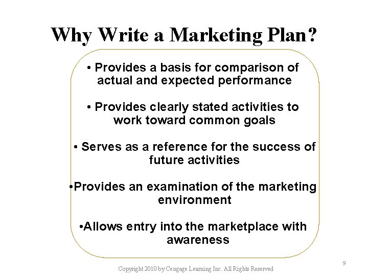 Why Write a Marketing Plan? I LO • Provides a basis for comparison of