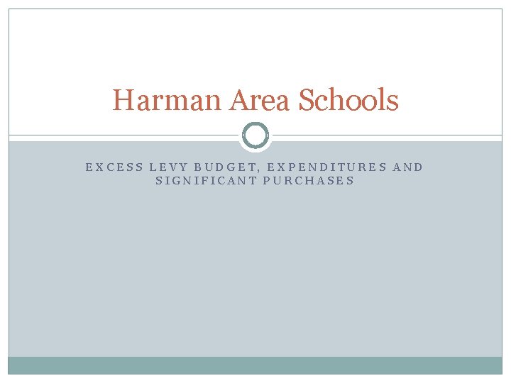 Harman Area Schools EXCESS LEVY BUDGET, EXPENDITURES AND SIGNIFICANT PURCHASES 