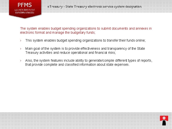 e. Treasury - State Treasury electronic service system designation The system enables budget spending