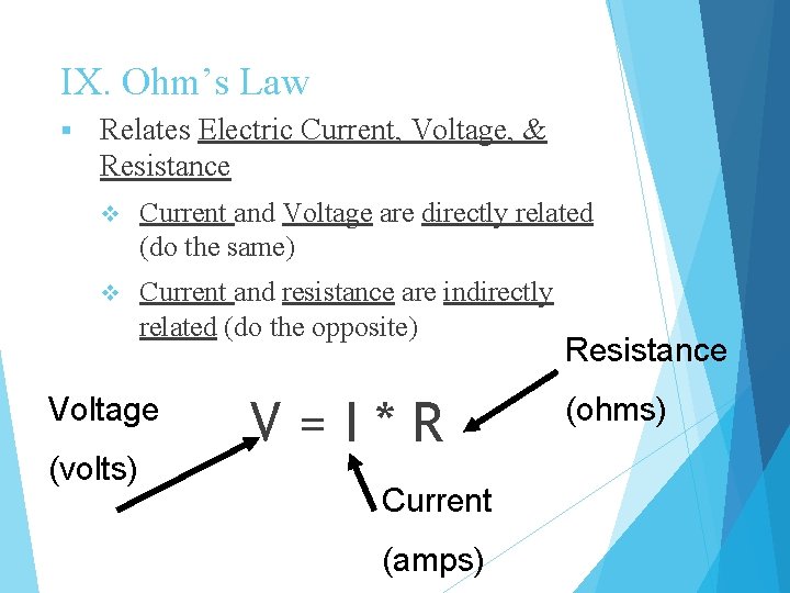 IX. Ohm’s Law § Relates Electric Current, Voltage, & Resistance v Current and Voltage
