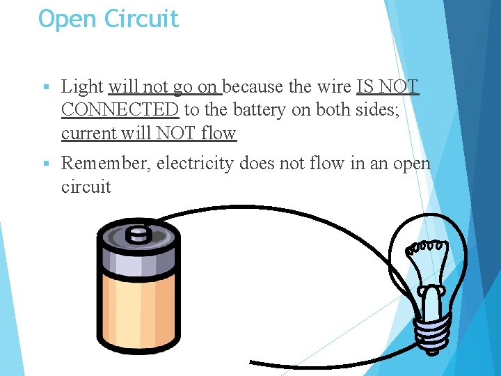 Open Circuit § Light will not go on because the wire IS NOT CONNECTED