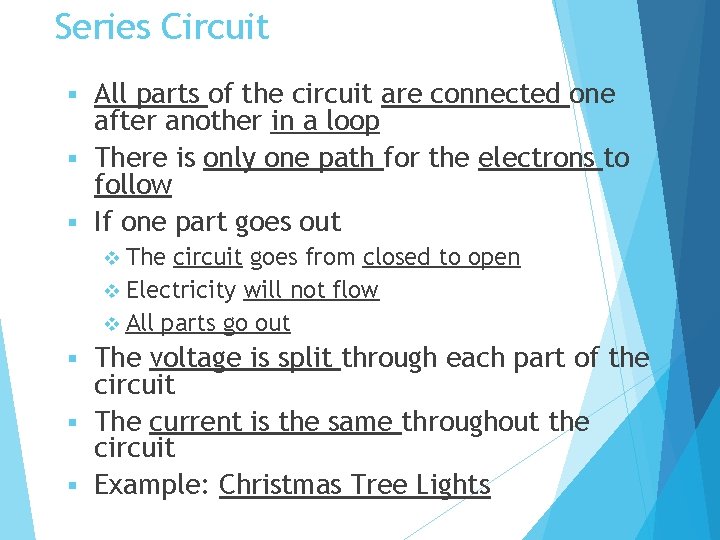 Series Circuit All parts of the circuit are connected one after another in a