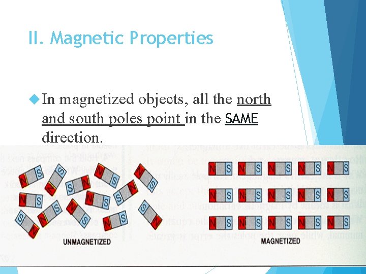 II. Magnetic Properties In magnetized objects, all the north and south poles point in