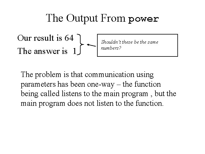 The Output From power Our result is 64 The answer is 1 Shouldn’t these