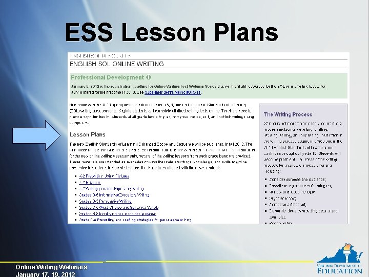 ESS Lesson Plans Online Writing Webinars January 17, 19, 2012 
