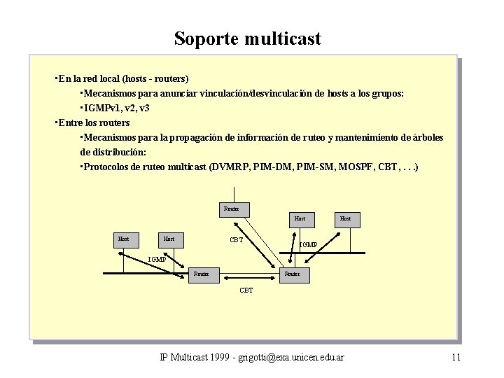 Soporte multicast • En la red local (hosts - routers) • Mecanismos para anunciar