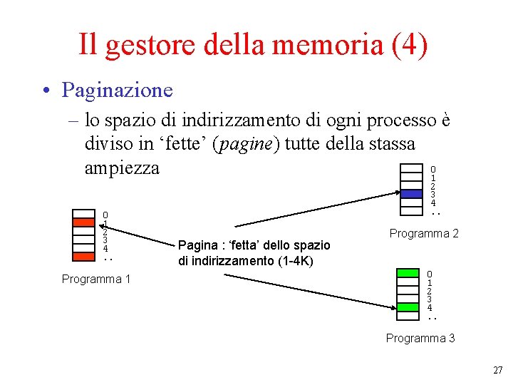 Il gestore della memoria (4) • Paginazione – lo spazio di indirizzamento di ogni