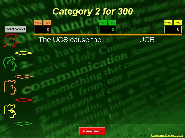 Category 2 for 300 +100 Reset Scores -100 +100 -100 0 The UCS cause