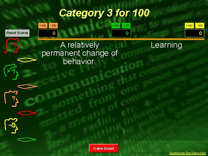 Category 3 for 100 +100 Reset Scores -100 +100 -100 0 A relatively permanent