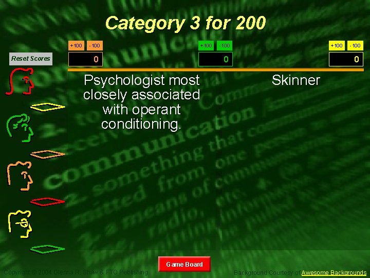 Category 3 for 200 +100 Reset Scores -100 +100 -100 0 Psychologist most closely