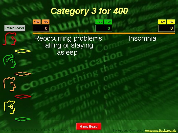 Category 3 for 400 +100 Reset Scores -100 +100 -100 0 Reoccurring problems falling