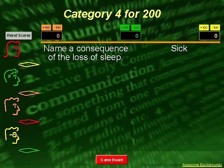 Category 4 for 200 +100 Reset Scores -100 +100 -100 0 Name a consequence