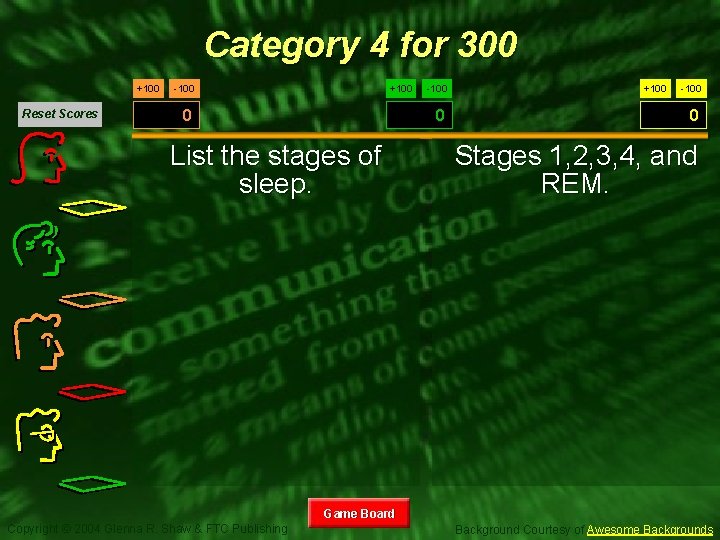Category 4 for 300 +100 Reset Scores +100 -100 0 List the stages of