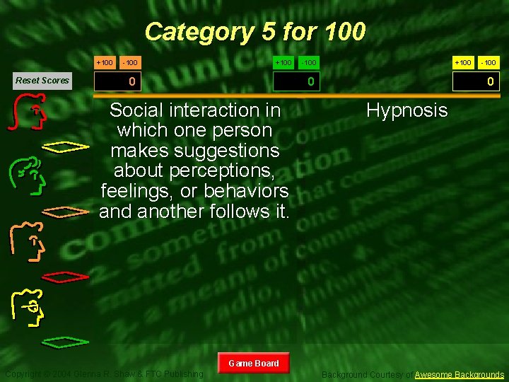 Category 5 for 100 +100 Reset Scores -100 +100 -100 0 Social interaction in