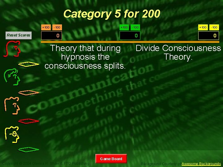 Category 5 for 200 +100 Reset Scores -100 +100 0 -100 0 Theory that