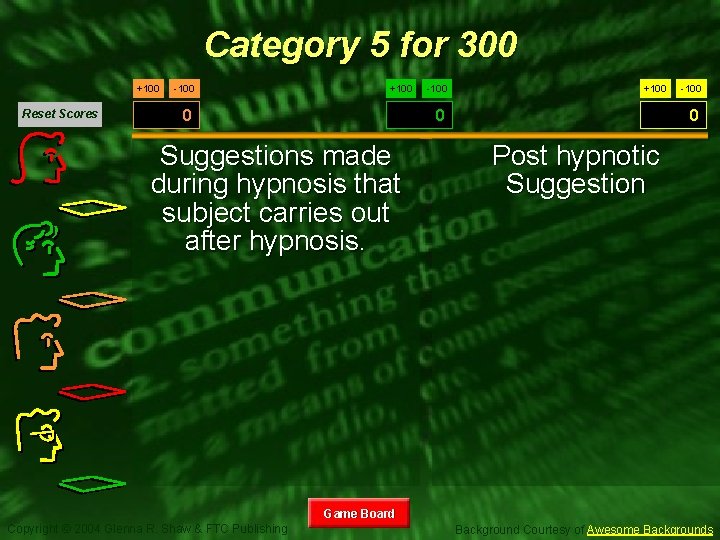 Category 5 for 300 +100 Reset Scores -100 +100 0 Suggestions made during hypnosis