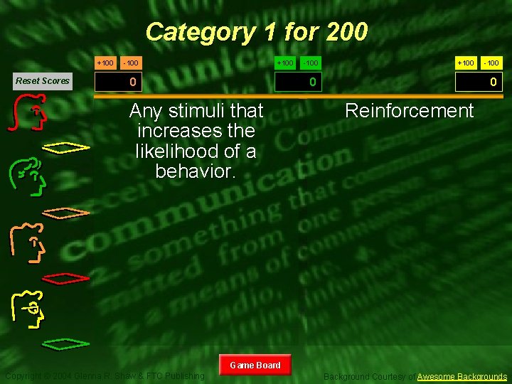 Category 1 for 200 +100 Reset Scores +100 -100 +100 0 Any stimuli that