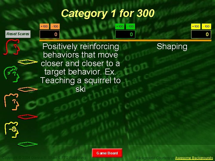 Category 1 for 300 +100 Reset Scores -100 +100 -100 0 Positively reinforcing behaviors