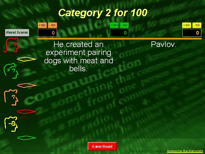 Category 2 for 100 +100 Reset Scores -100 +100 -100 0 He created an