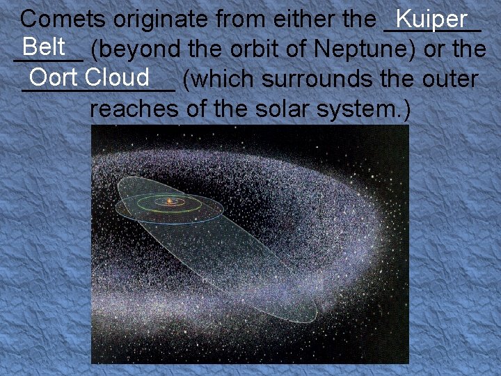 Comets originate from either the _______ Kuiper Belt (beyond the orbit of Neptune) or