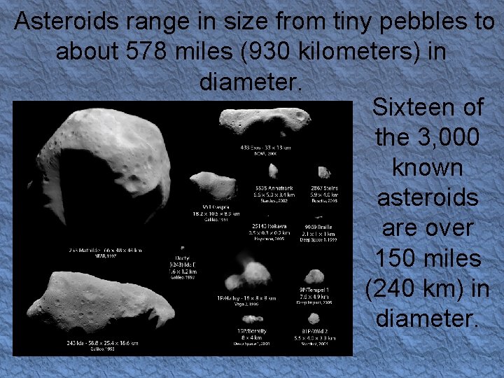 Asteroids range in size from tiny pebbles to about 578 miles (930 kilometers) in