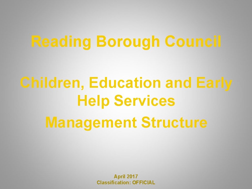Reading Borough Council Children, Education and Early Help Services Management Structure April 2017 Classification:
