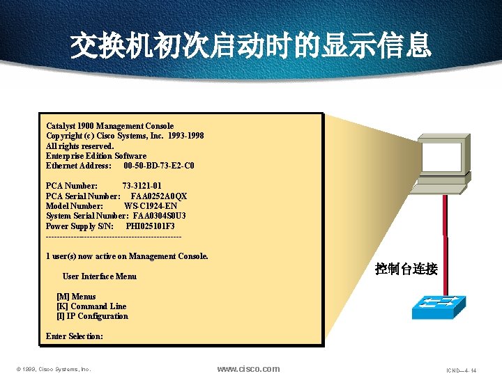 交换机初次启动时的显示信息 Catalyst 1900 Management Console Copyright (c) Cisco Systems, Inc. 1993 -1998 All rights