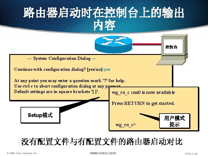 路由器启动时在控制台上的输出 内容 控制台 --- System Configuration Dialog --Continue with configuration dialog? [yes/no]: yes At