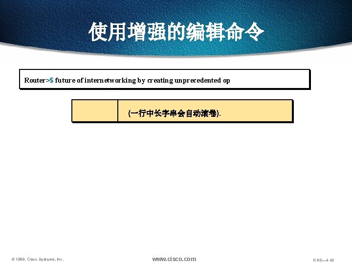 使用增强的编辑命令 Router>$ future of internetworking by creating unprecedented op (一行中长字串会自动滚卷). © 1999, Cisco Systems,